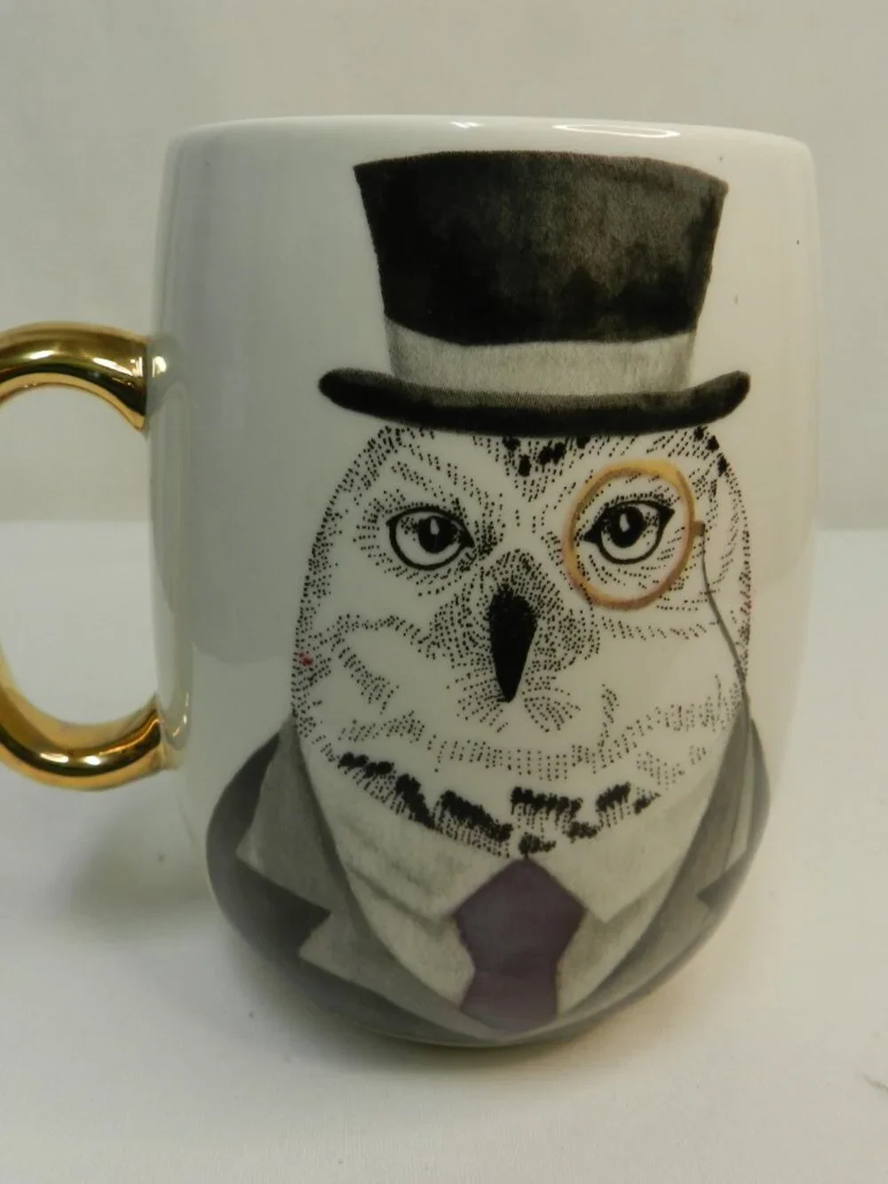 Pier 1 One Vintage Owl bird Mug Cup suit top hat 22 oz ceramic gold handle